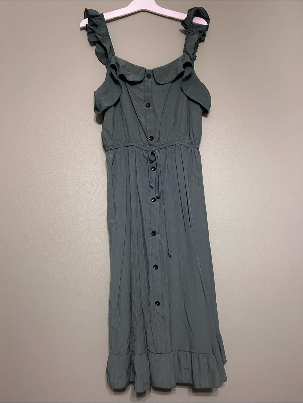 Ces Femme Green Ruffle-Shoulder Button Midi Dress